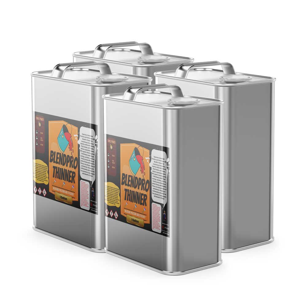 4-gallon metal canisters of Blendpro professional paint thinner in silver containers with hazard warning labels, handle-top design, GHS symbols.